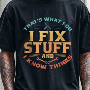 THAT'S WHAT I DO I FIX STUFF AND I KNOW THINGS, Men's Stylish Black Graphic T Shirts, Cotton Crew Neck, Funny Print Tee, Soft 100% Cotton, Breathable, Ultra-Soft, Great For Running, Going Out, Four Seasons